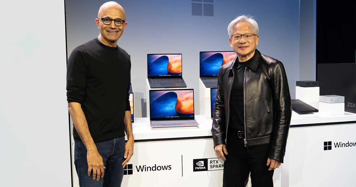 El CEO y Chairman de Microsoft, Satya Nadella, junto a Jensen Huang, fundador, president y CEO of NVIDIA, durante el evento de Windows y Surface en San Francisco